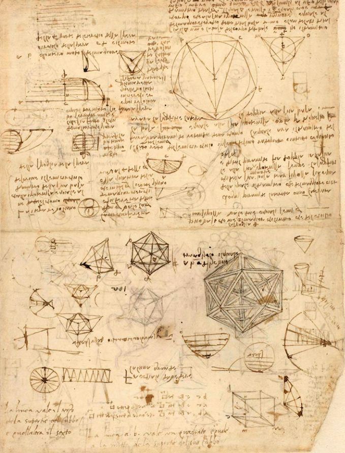 Leonardo da Vinci's geometric studies &mdash; polyhedra and mathematical forms filling a notebook page