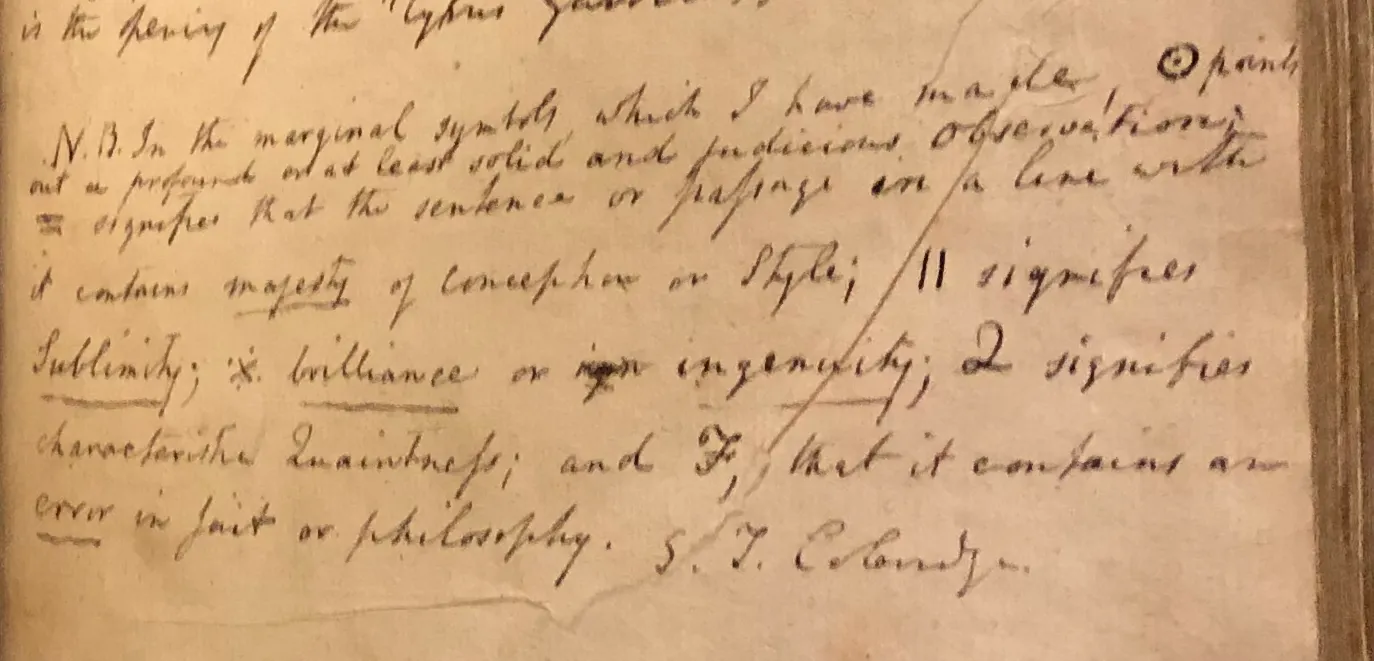 Coleridge's handwritten symbol key for his annotation system, in his own cursive, in a flyleaf at the Berg Library NYPL