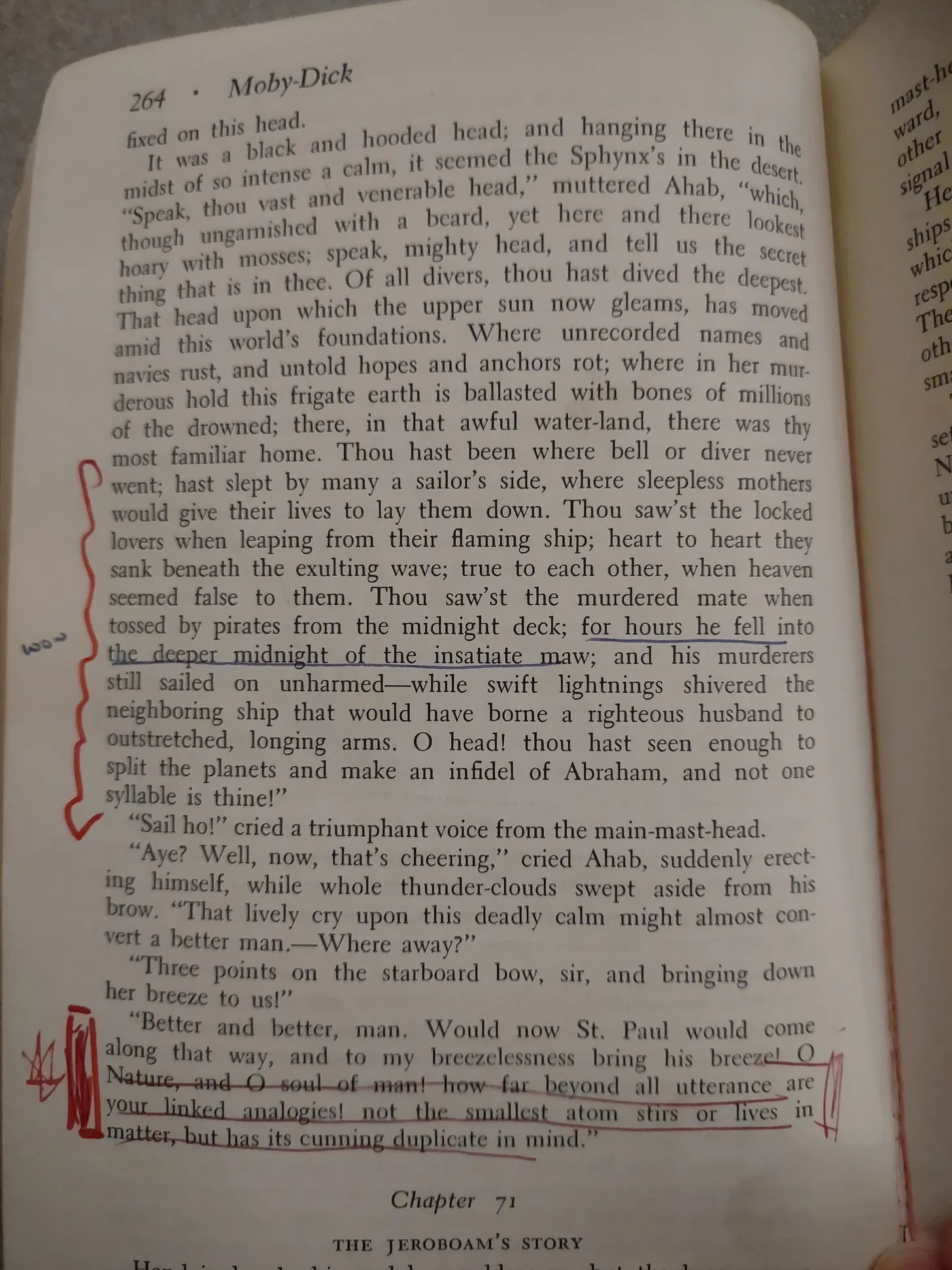 A page from Moby Dick showing two sets of annotations — one in red ink from the great-uncle, one in blue from Taylor — running alongside each other in the margins