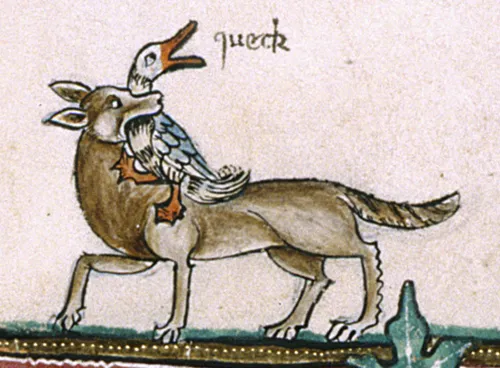 A medieval manuscript illustration showing a dog or heron-like creature with the word queck written above it, from the Gorleston Psalter